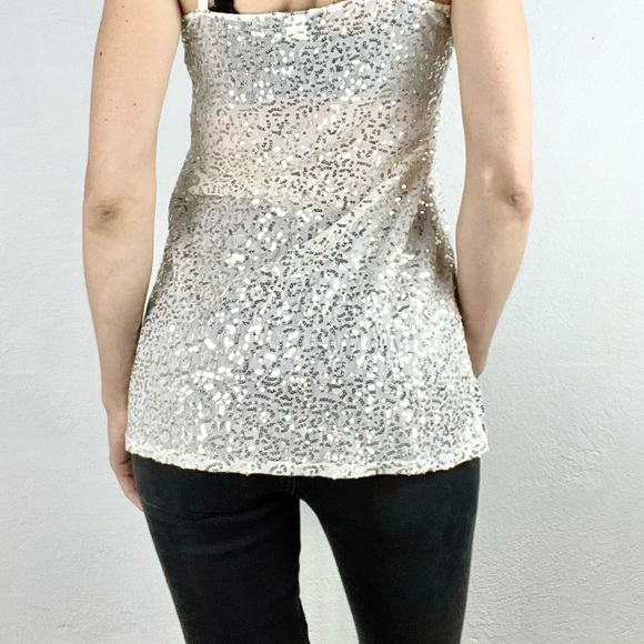 MODA INTERNATIONAL |🤍Ivory Sparkly Long Spaghetti Strap Sheer Tank Top - Picture 5 of 11